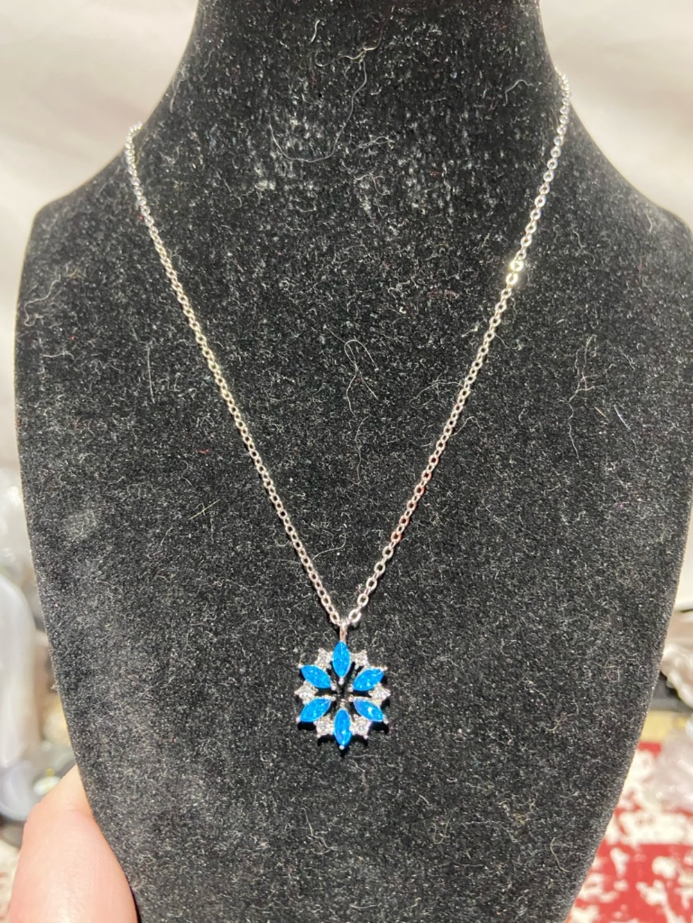 Silver Tone Necklace with Blue rhinestone Flower or Snowflake Pendant